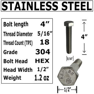 5/16"-18-4" - 304 Stainless Steel (18-8) - Hex Head Bolts - Machine Screws - Hardened Steel Bolts - Full Thread