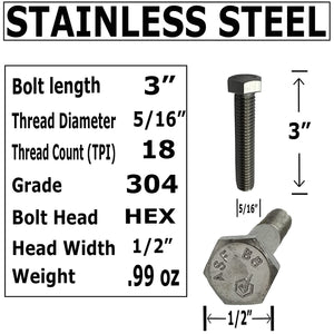 5/16"-18-3" - 304 Stainless Steel (18-8) - Hex Head Bolts - Machine Screws - Hardened Steel Bolts - Full Thread (25)